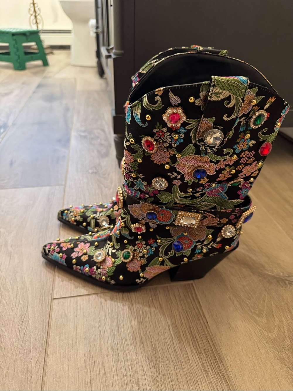 Embellished Black Floral Mid-Calf Boots with Multicolor Gem Accents - Picture 2 of 7